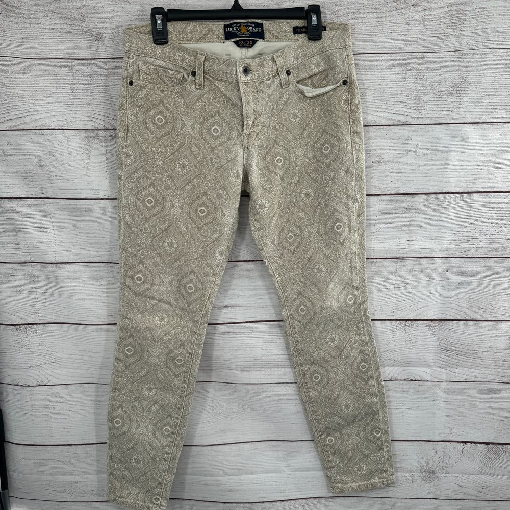 Lucky Brand Charlie Skinny Paisley Medallion Print Jeans Beige‎ Cream 10/30